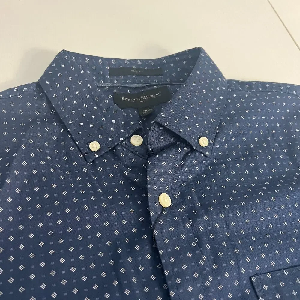 Banana Republic Shirt Men's M Navy Geometric Short Sleeve Slim Fit Button Down